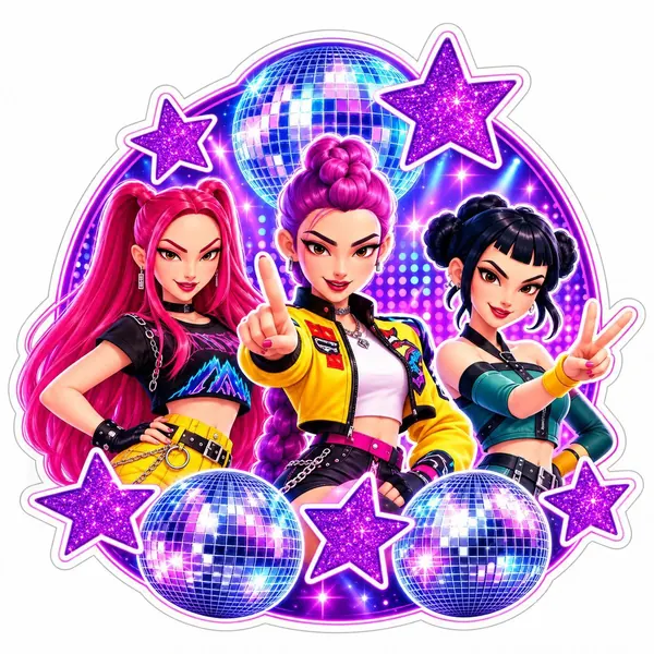 Topo Trio neon com as três guerreiras e globos espelhados